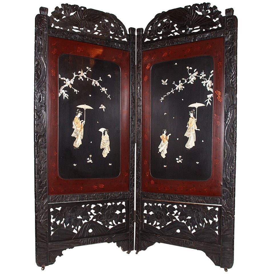 Asian Two-Fold Lacquered Screen from the 19th c. 