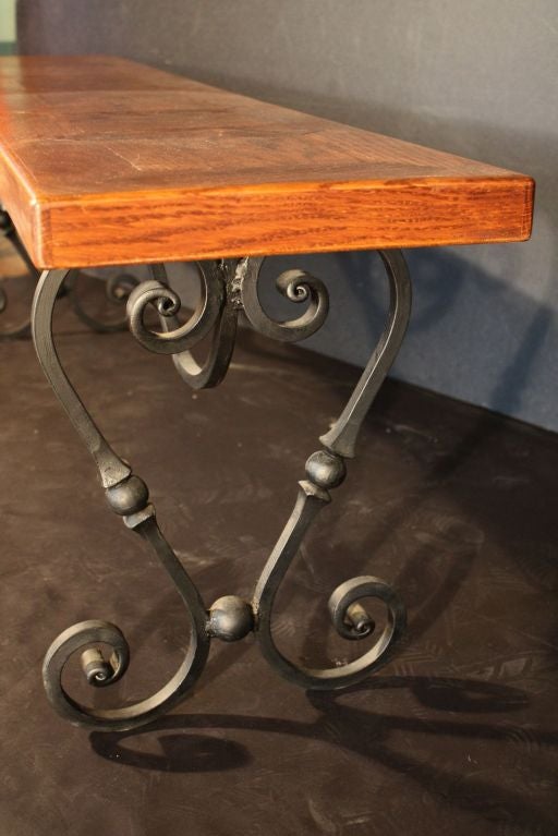 20th Century Parquetry Top Bench with Wrought Iron Base from France