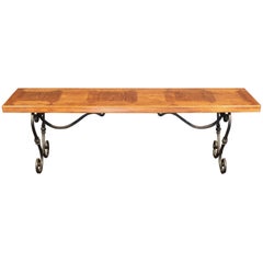 Vintage Parquetry Top Bench with Wrought Iron Base from France