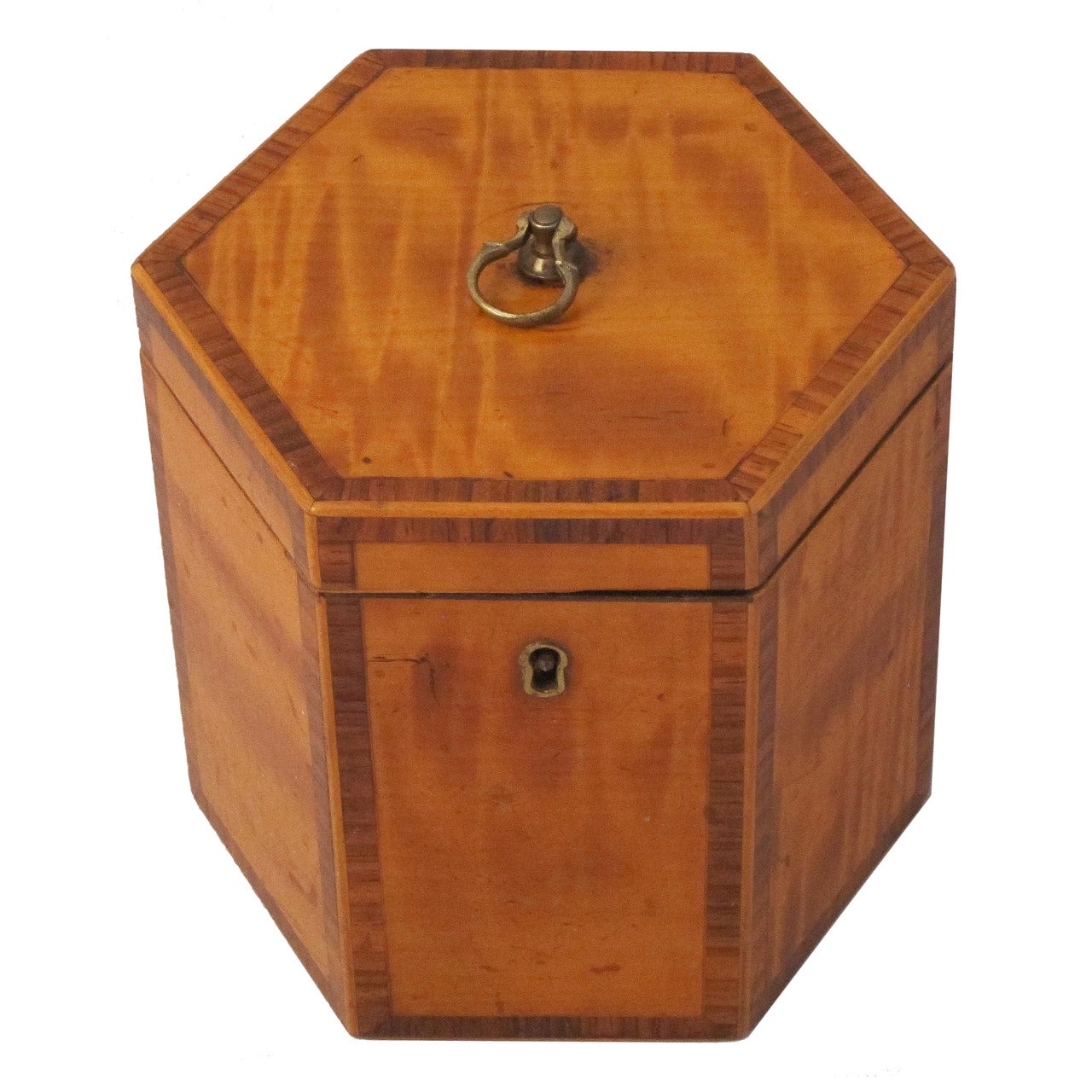 Boîte à thé hexagonale anglaise en bois de satin, vers 1790