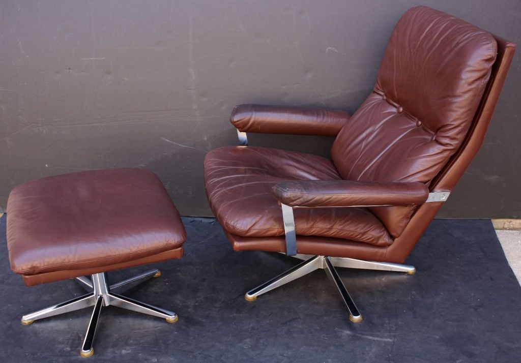 20th Century Danish Armchair Recliner with Stool of Leather