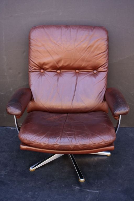 Chrome Danish Armchair Recliner with Stool of Leather