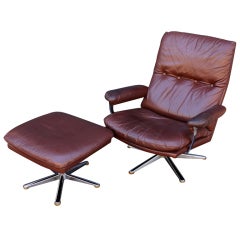 Danish Armchair Recliner with Stool of Leather