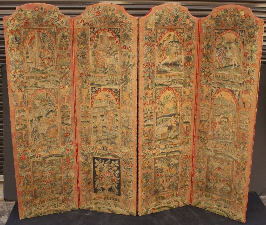 English Four-Panel Needlepoint Tapestry Screen
