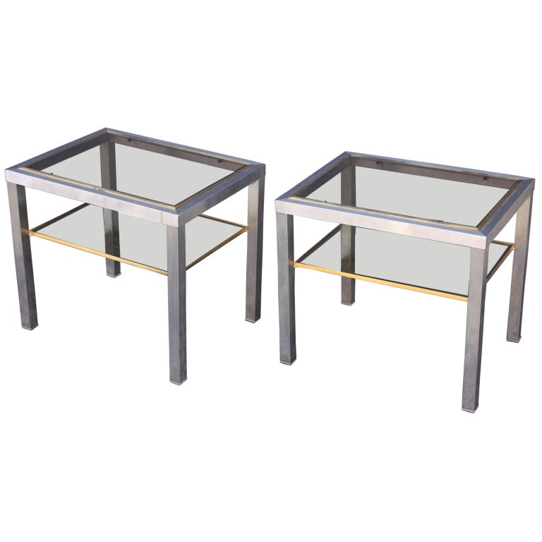 Pair of Side Tables of Brushed Steel and Brass For Sale at 1stdibs