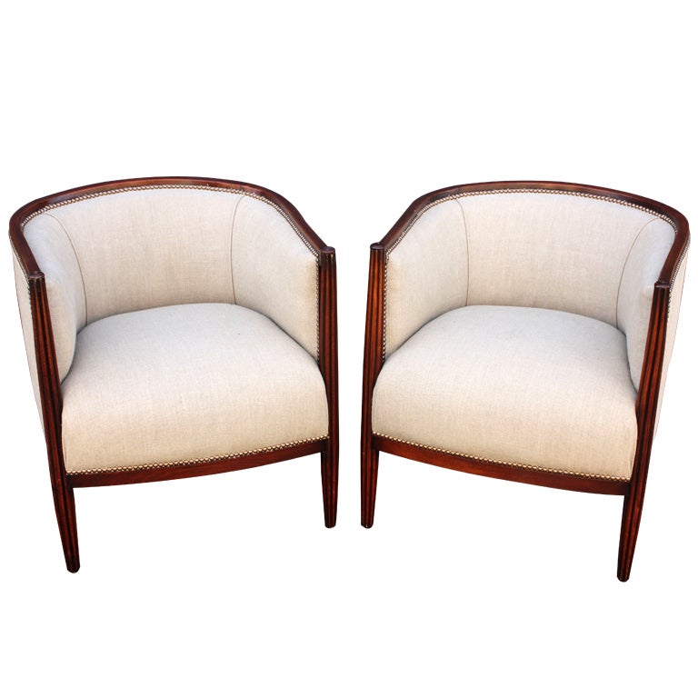 Pair of French Upholstered Club Chairs of Fruitwood (Priced