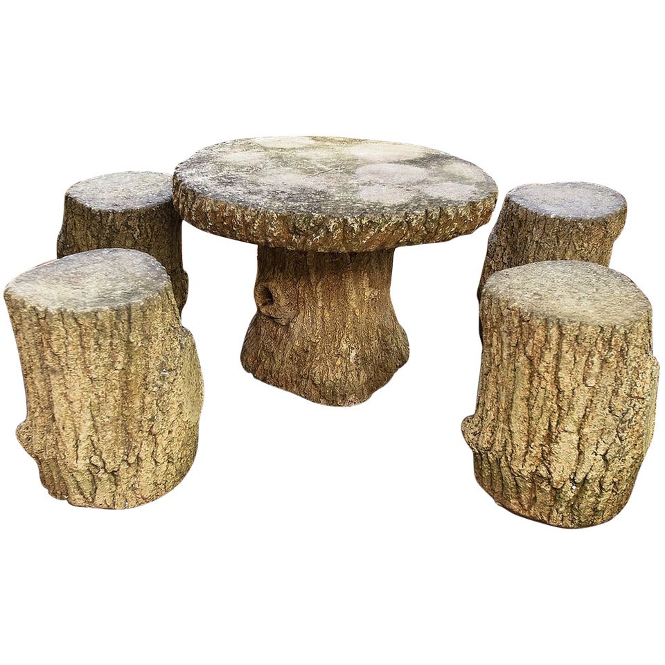 Faux Bois Garden Stone Set (Table and Four Stools)