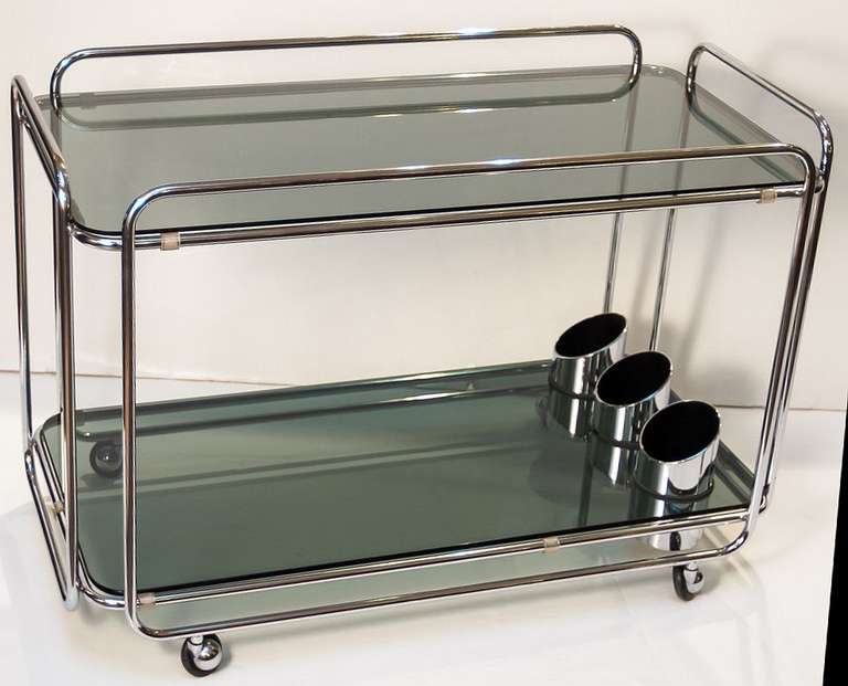French Drinks Cart or Trolley of Chrome and Tinted Glass