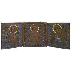 Russian Icon Triptych of Enameled Bronze