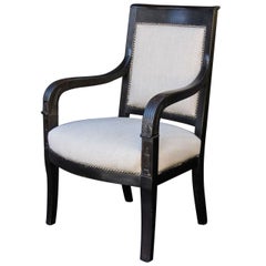 Antique French Ebonized Armchair with Upholstered Seat