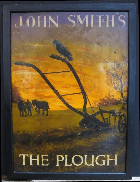 An authentic English pub sign (one-sided) featuring a painting of a crow roosting on a farmer's plough, against an horizon with a farmer leading two draught horses, entitled: John Smith's The Plough

A very fine example of vintage advertising