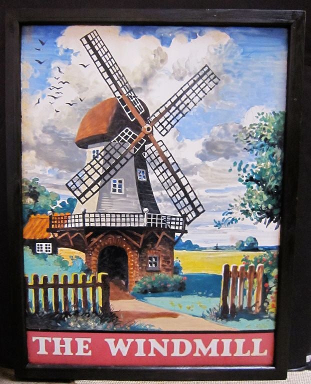 An authentic English pub sign (one-sided) featuring a painting of a windmill cottage, entitled: The Windmill

A very fine example of vintage advertising artwork, ready for display.
