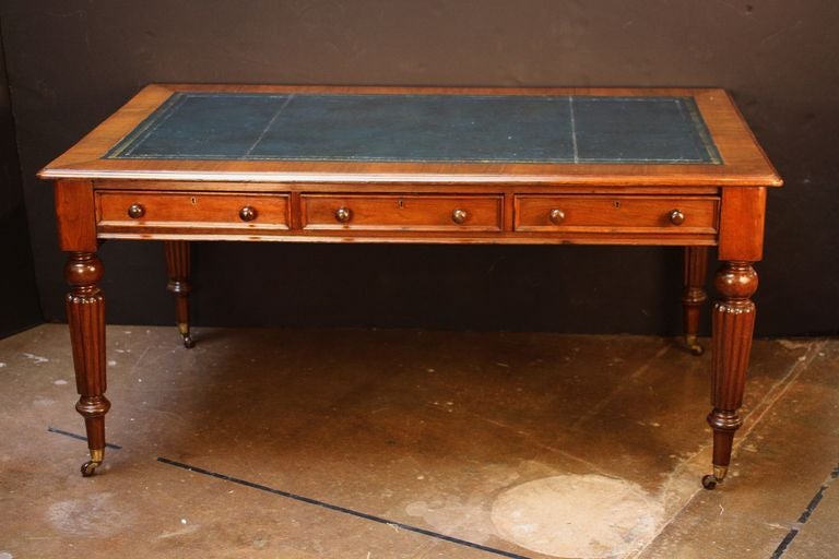 British English Partner's Writing Desk or Library Table with Leather Top