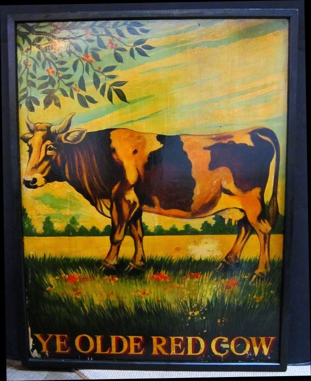 An authentic English pub sign (one-sided) featuring a painting of a cow in a meadow, entitled: Ye Olde Red Cow

A very fine example of vintage advertising artwork, ready for display.