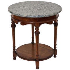 Antique French Gueridon Round Table of Walnut with Marble Top