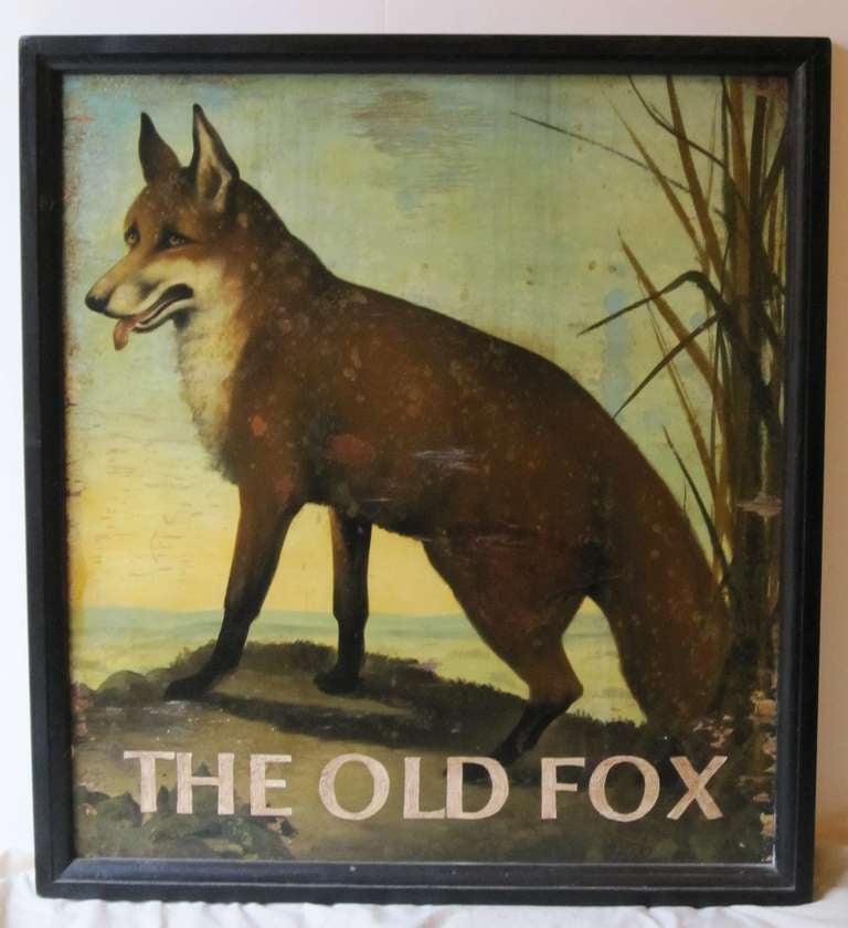 Ein authentisches englisches Pub-Schild (einseitig) mit einem szenischen Gemälde eines Fuchses:: betitelt: The Old Fox

Ein sehr schönes Beispiel für eine alte Werbegrafik:: bereit zur Ausstellung.