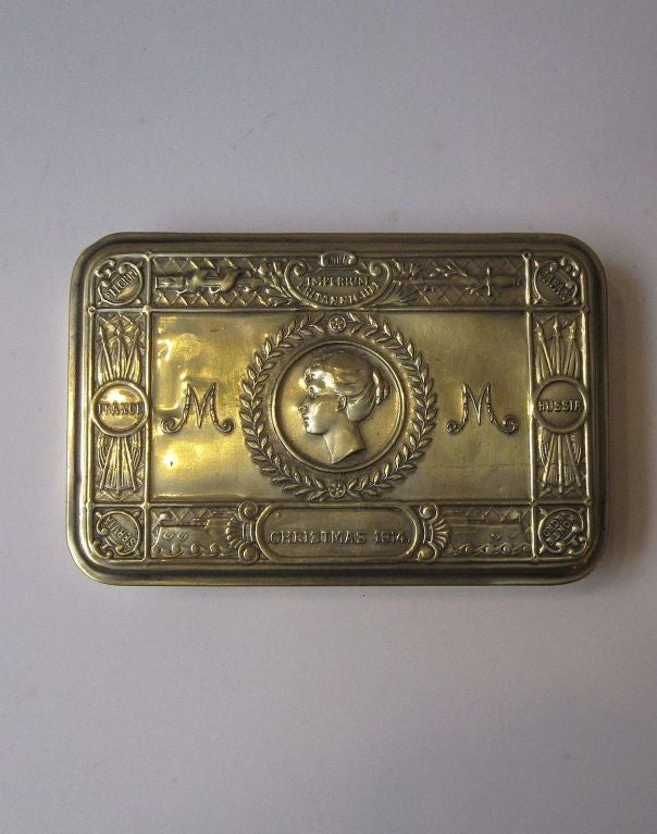 WWI-era Princess Mary Box of Brass

A stamped brass box, c.1914, given as a thank you gift to all commissioned British troops at Christmas 1914 by HRH Princess Mary (daughter of King George V). 
Originally filled with packets of tobacco or