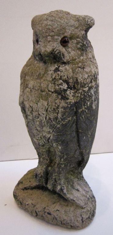 An English garden stone figure of an owl featuring fine detail in-the-round, the head with glass eyes. 

Priced for individual sale: $1295 each.

Perfect for a garden room or conservatory.
