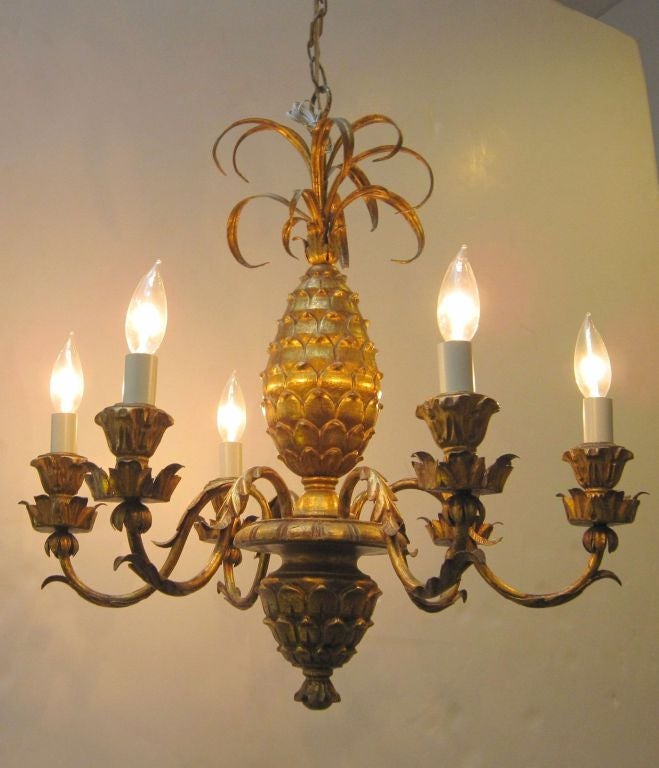 Metal French Gilt Hanging Six-Light Fixture with Pineapple Design (23