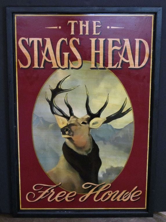 An authentic English pub sign (one-sided) featuring a painting of a stag's head, entitled: The Stags Head - Free House

A free house in Great Britain is a public house that is not controlled by a brewery and so is free to sell different brands of