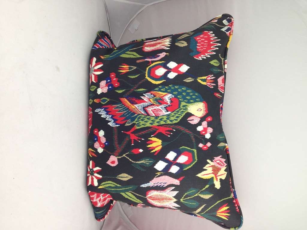 Pillow Made From Fabric with 18th Century Print with Parrot. With Zipper