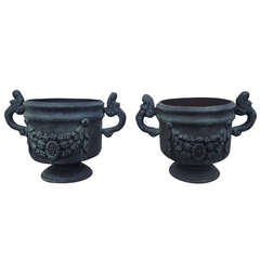 Pair of Oxidized Cast Iron Garden Urns 8