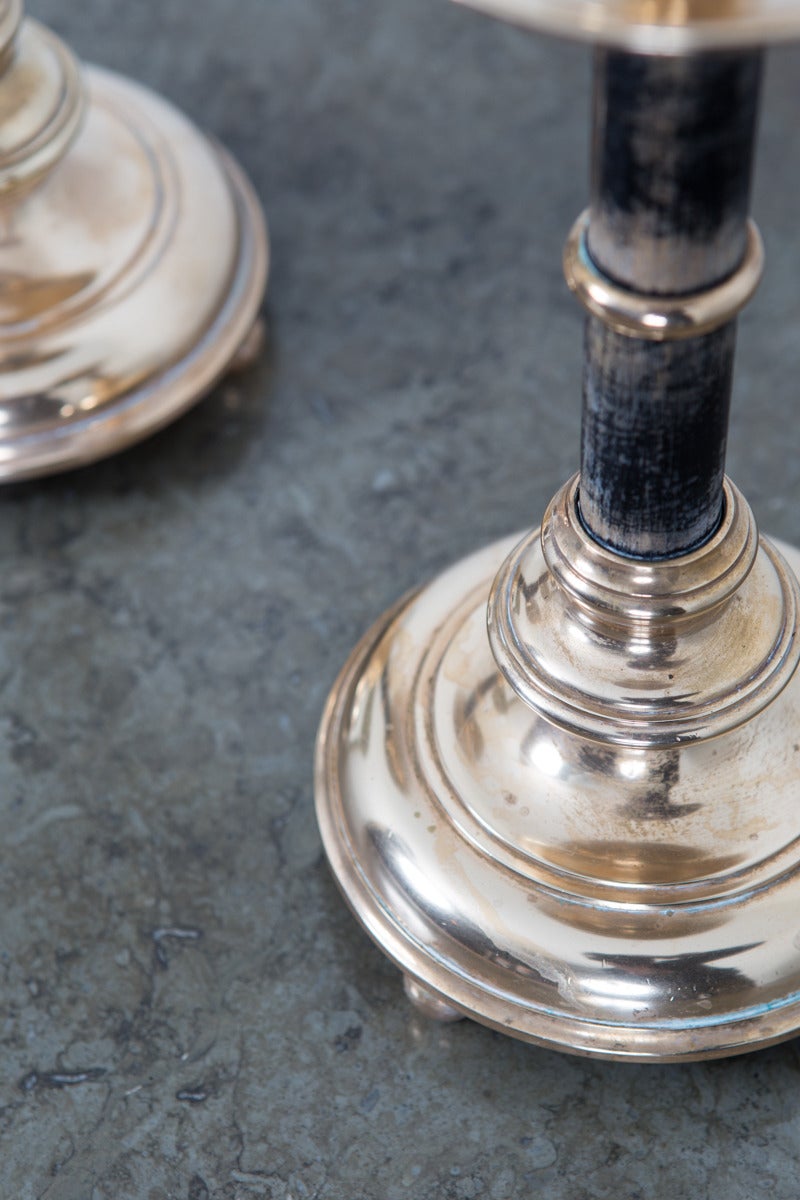 19th Century Pair of Skultuna Candlesticks in Brass and Blackened Wood