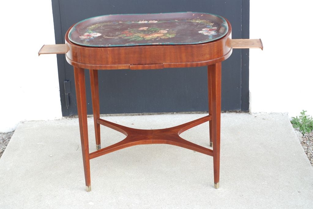 Table Swedish Mahogany Floral 19th Century Sweden. A Swedish mahogany Tray Table with floral painted top. 4 smaller trays for candlelight holder. 