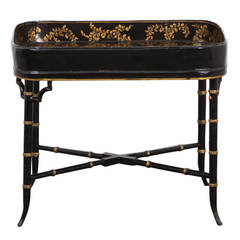 Black Lacquered Tray Table in Faux Bamboo