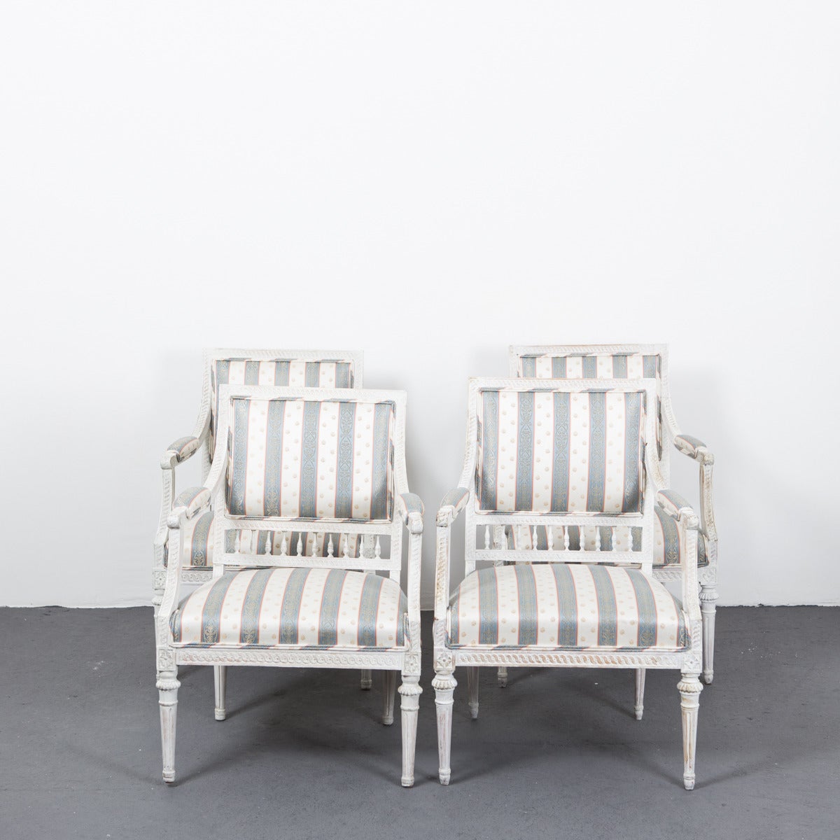 Armchairs set of four Swedish Gustavian period signed Johan Lindgren, Sweden. A set of four Gustavian armchairs in a very good condition and quality. Two of the four are signed I L G for Johan Lindgren. Johan Lindgren was a chair maker in Sweden,