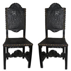 Sillas Italianas Estilo Barroco Siglo XIX Cuero Negro Italia
