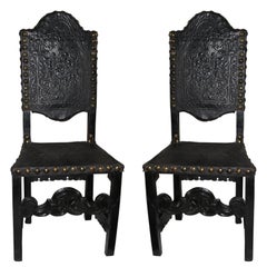 Chaises italiennes du 19ème siècle de style baroque en cuir noir, Italie 