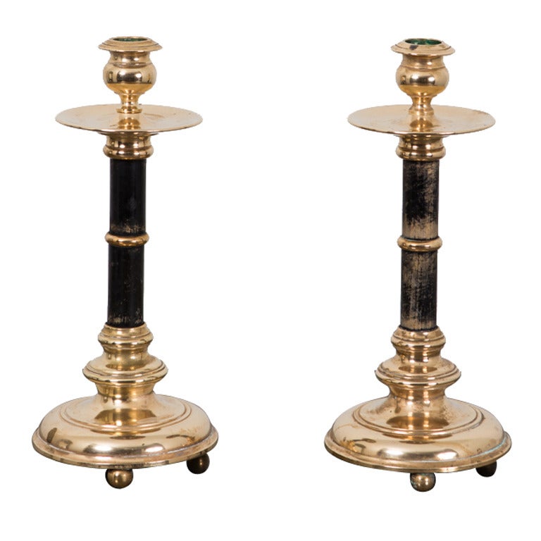 Pair of Skultuna Candlesticks in Brass and Blackened Wood