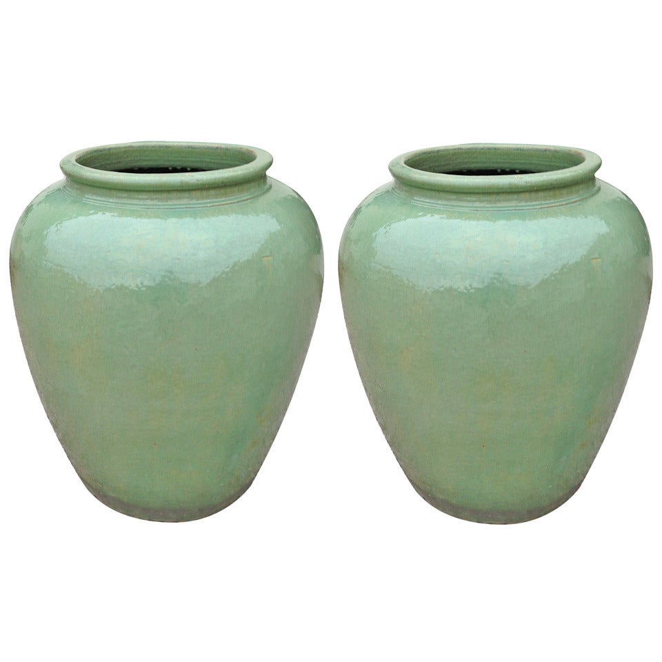 Pair of Over Dimensioned Celadon Urns 