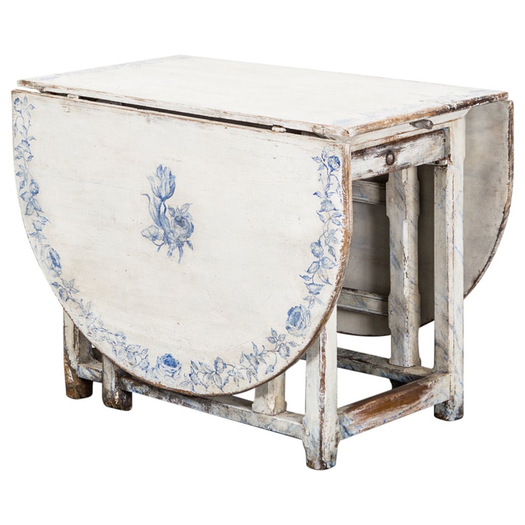 Table Drop-Leaf Swedish 18th Century White and Blue Flowers Decor, Sweden