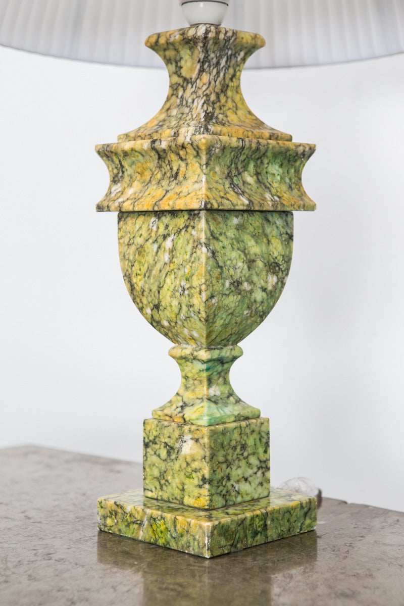 French Pair of Green and Black Marble Table Lamps