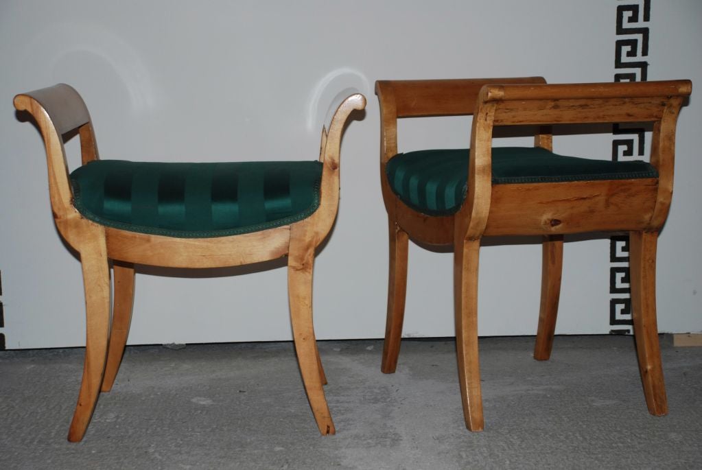 A pair of beautiful period Karl Johan stools/benches made in Birch veneer - original finish. Made in Sweden ca 1820-1830.