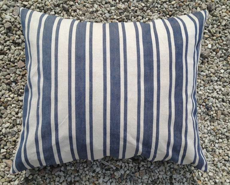 A Pair of Pillows Made from Swedish 19th century Fabric. Blue and White stripe.
