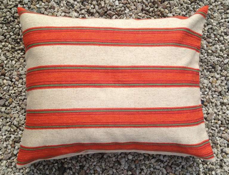 A Pair of Pillows Made from Swedish 19th century Fabric. Red green and oatmeal white.