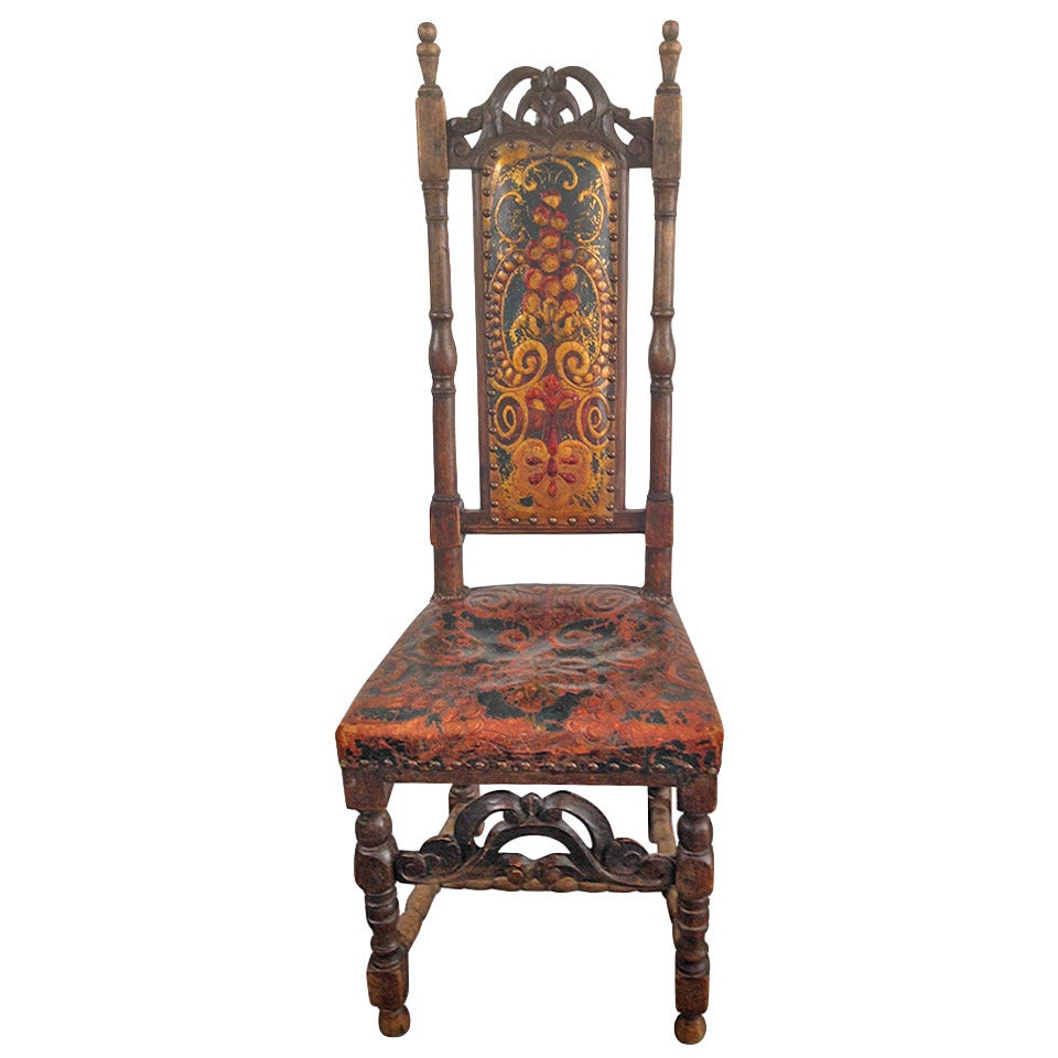 Swedish Baroque Side Chair with Gilt Leather