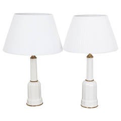 Pair of White Porcelain Lamps with Brass Details