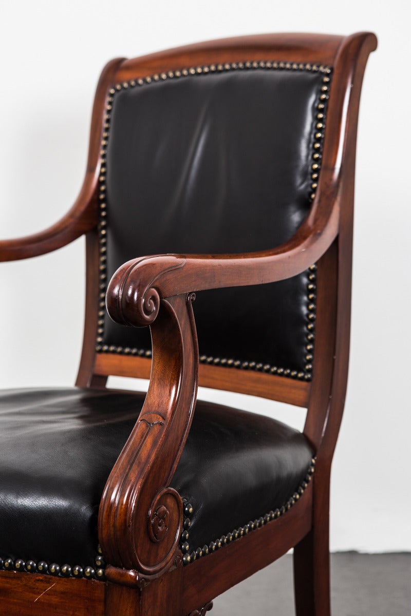 Armchairs Pair French Directoire Mahogany Black Leather France 2