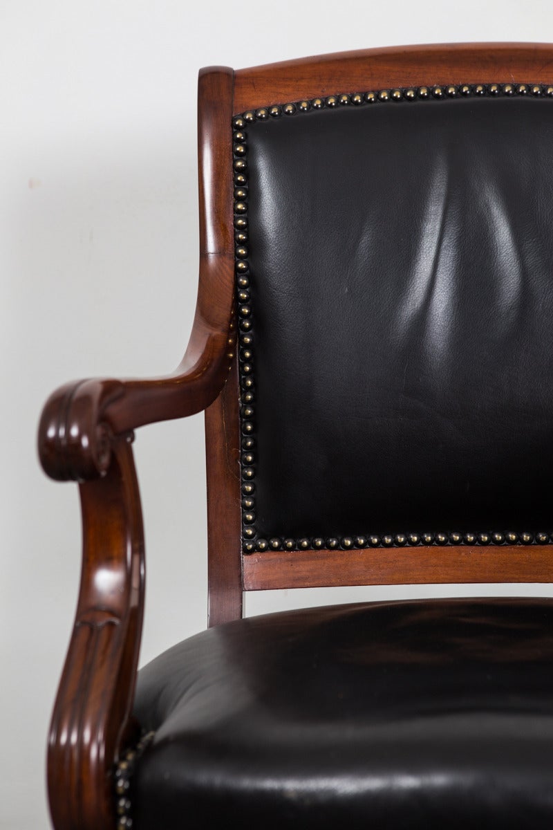 Armchairs Pair French Directoire Mahogany Black Leather France 1