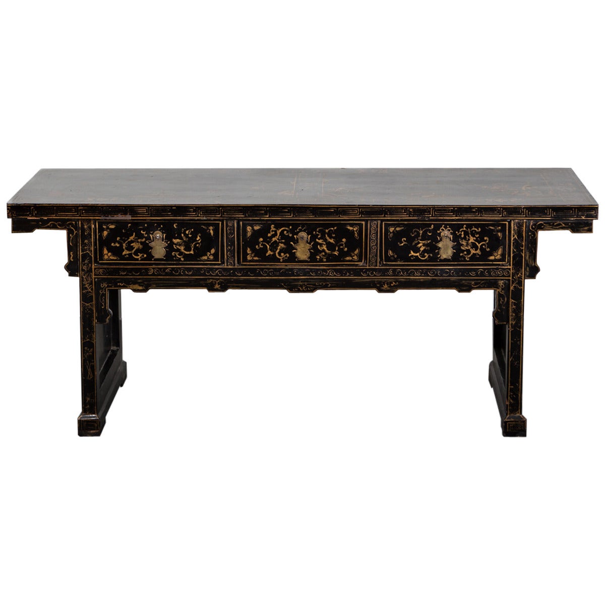Console Table Chinese Black Lacquer with Chinoiserie Gilded 19th Century China For Sale