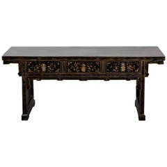 Antique Console Table Chinese Black Lacquer with Chinoiserie Gilded 19th Century China