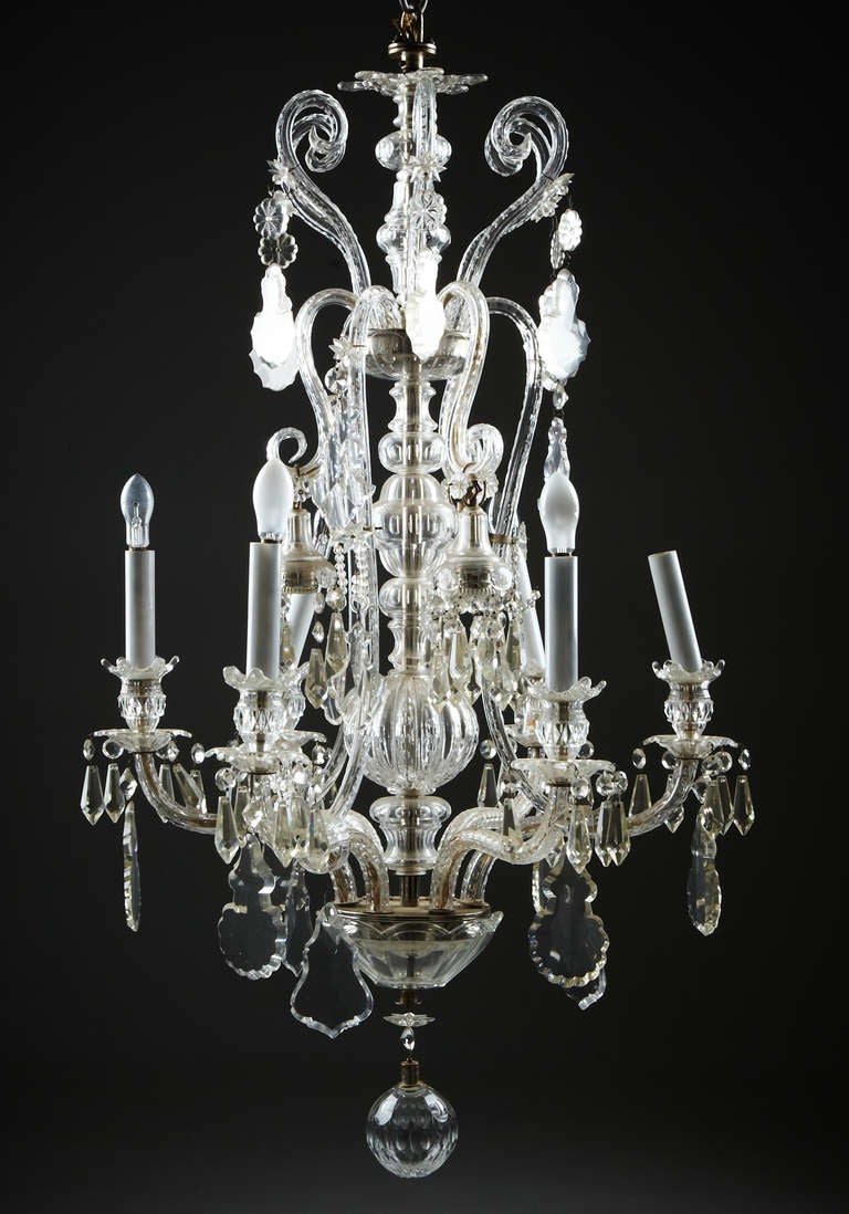 Chandelier Swedish Venetian 19th Century Sweden. Tall venetian chandelier with 6 arms for light. Needs to be rewired for US use. 