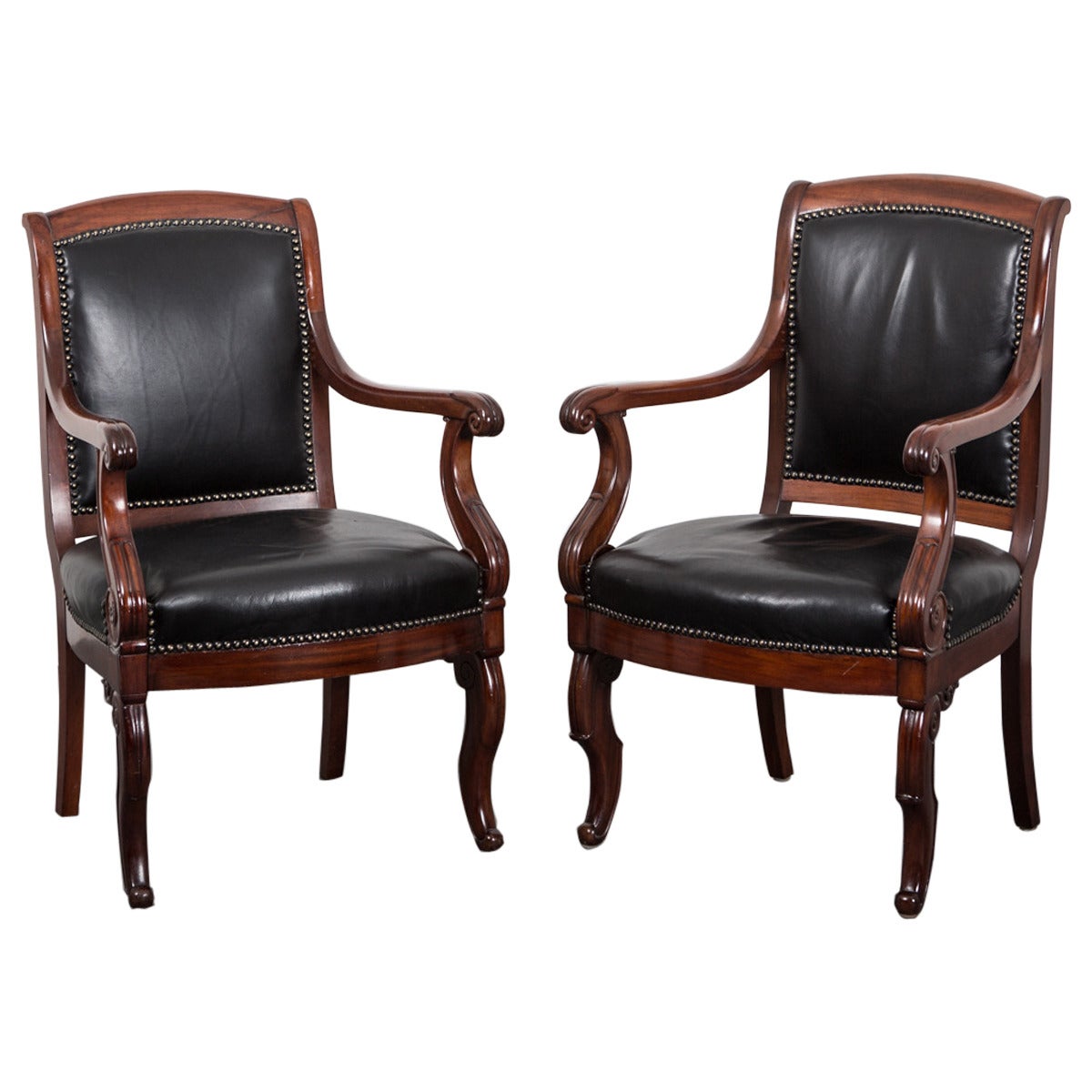 Armchairs Pair French Directoire Mahogany Black Leather France