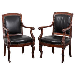 Armchairs Pair French Directoire Mahogany Black Leather France