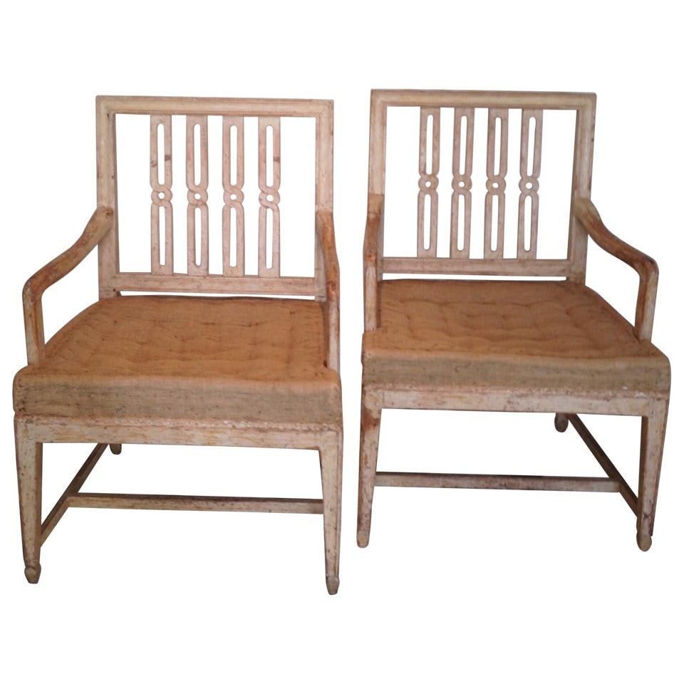 An Exquisite Pair of Gustavian Armchairs All Original Paint