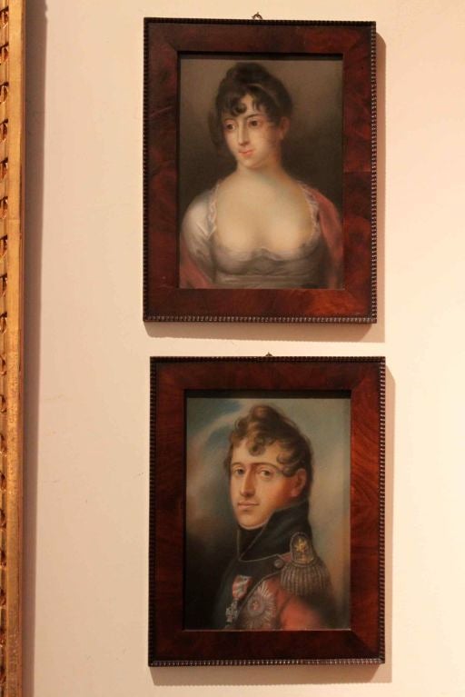 Portraits pair Danish early 19th century, Denmark mahogany Frame. A pair of portraits of Queen Frederikke and King Christian VIII. In original mahogany frames. 